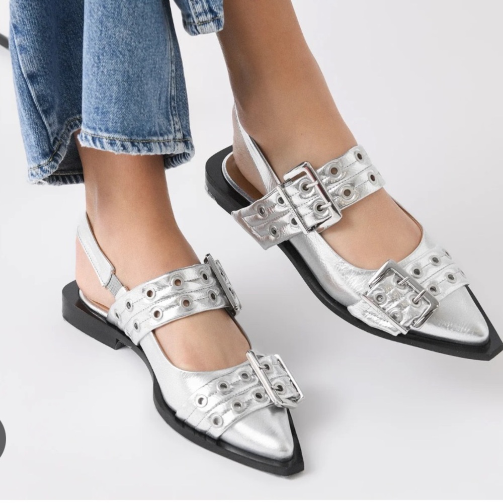 NIB GANNI Silver Metallic Slingback Ballet Buckle Flats